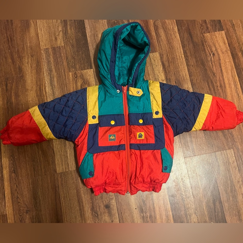 Vintage Boys Puffer Coat 1990s Colorblock Red Blue Green Yellow Primary Cars 4T